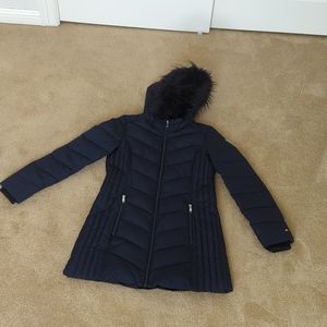 Tommy Hilfiger Navy Faux-Fur Trim Hooded Puffer Coat Size S